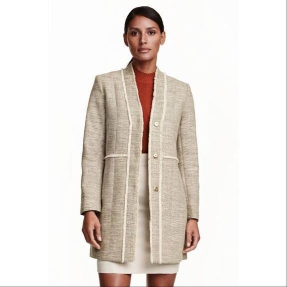 H&M Fringed Tweed Long Line Blazer Jacket Tan 10 - Picture 1 of 16